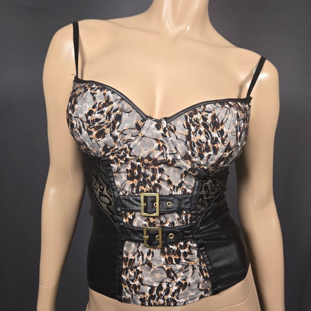 Y2K Bustier Corset Top With Buckles Size S  Shiny Black Leopard Lace Mcbling